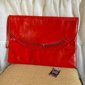 Vintage Lipstick Red Genuine Leather Oversized Envelope Clutch Wristlet